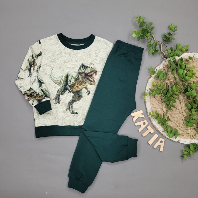 Dres T-rex hunt: bluza z nadrukiem dinozaura i zielone spodnie